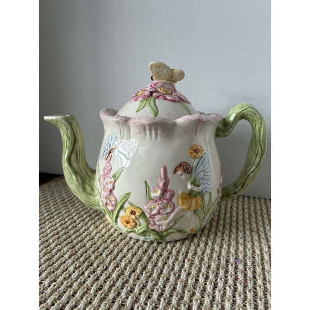 Vintage Fairy Ceramic Teapot Textured Floral Butterfly Whimsical Décor